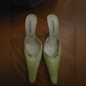 Shannon Britt Iridescent Lime Green Textured Kitten Heels (Missing Faux Flowers)